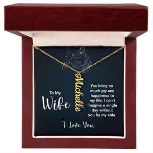 To My Wife Joy and Happiness Personalized Gold Tone Vertical Name Necklace